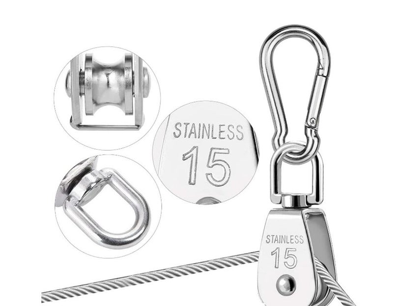 Vleant 2Pcs M50 Single Stainless Steel Pulley Block with Spring Snap Hooks 304 Stainless Steel Single Pulley Block Wheel Swivel Rigging Lifting Wheel Fixed Pulley for Wire Rope Loading 881 lbs/400kg - Image 3